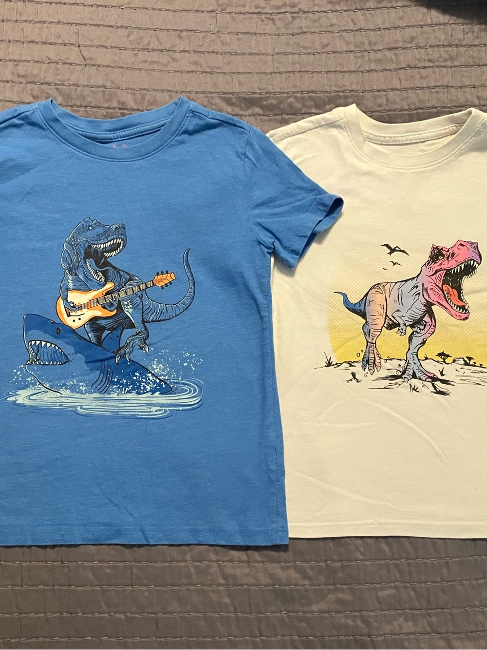 Cat & Jack Blue and Cream Dinosaur Graphic Tees with Guitar & Roaring T‑Rex